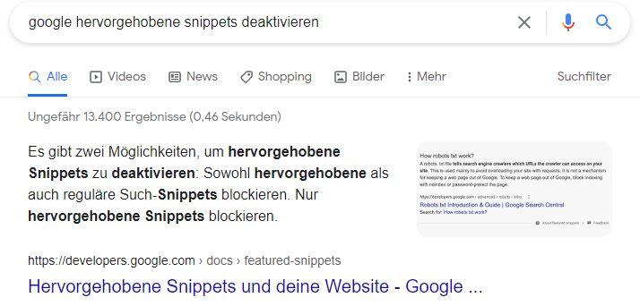 Google Hervorgehobene Snippets deaktivieren