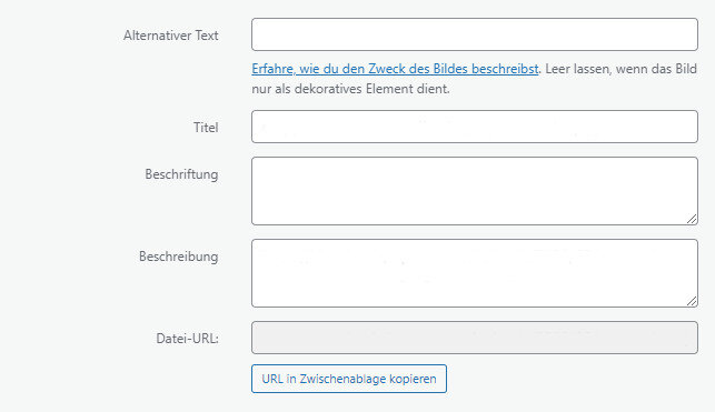 Eingabefelder zu Dateien in WordPress. Im ersten Feld wird der Alt Text eingegeben.