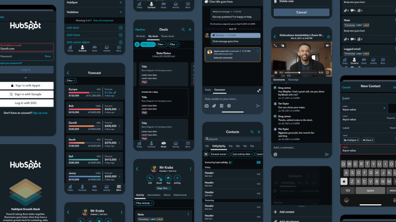 Screenshot vom Dunkelmodus der HubSpot App. Es werden verschiedene Menü-Einträge als Kollage angezeigt.