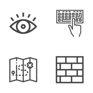 DIe 4 Prinzipien der WCAG für Barrierefreies Webdesign als Icons. Ein Auge für wahrnehmbar, Ein Keyboard für bedienbar, eine Landkarte für verständlich und eine Mauer für robust.