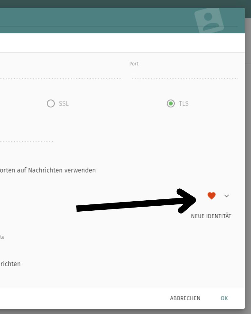 Der schwarze Pfeil zeigt auf das Drop-Down-Menü über Neue Identität