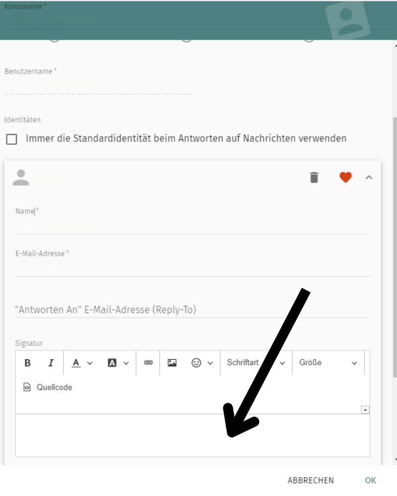 Der schwarze Pfeil zeigt in das weiße Feld zur Erstellung einer Signatur. 