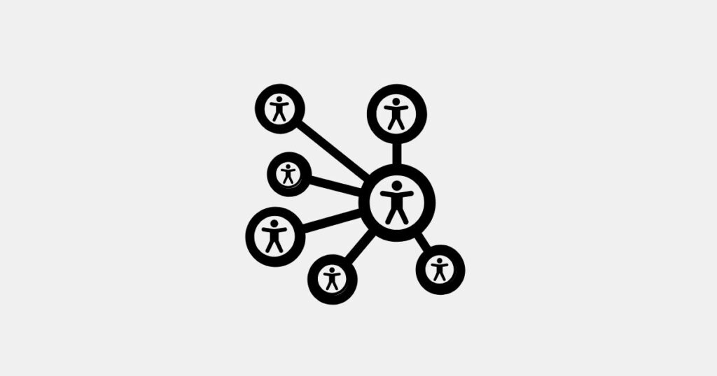 Kreise mit Linien als Netzwerk dargestellt. Darin enthalten sind Icons von Menschen und symbolisieren die digitale Barrierefreiheit.