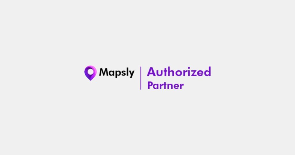 Ein lila Geomarker wie ein Pin und der Text Mapsly Authorized Partner bilden das Partner-Logo.