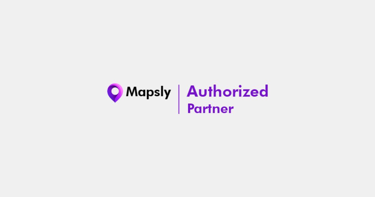 Ein lila Geomarker wie ein Pin und der Text Mapsly Authorized Partner bilden das Partner-Logo.