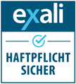 exali AG Haftpflicht Siegel Ein Rechteck mit der Beschriftung exali Haftpflicht Sicher und einem blauen Häkchen in Form einer Checkbox